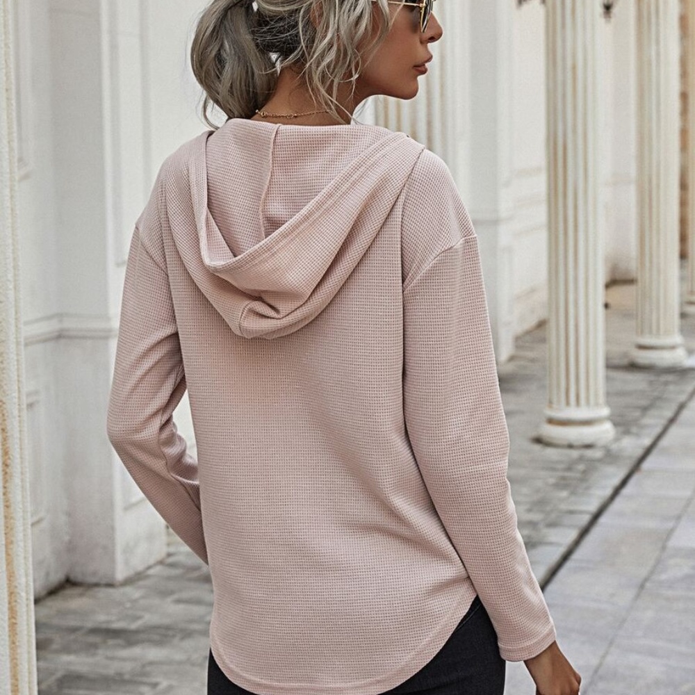Cozy Blush v neck waffle knit long sleeve hoodie top - Picture 8 of 9